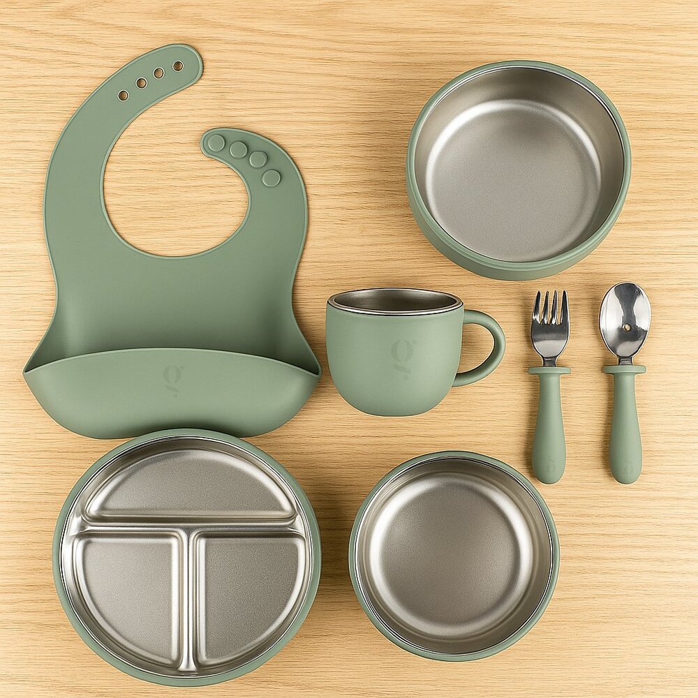 Greenwalnut 7-Piece Silicone & Stainless Steel Kids Dinnerware Set | Feeding Set